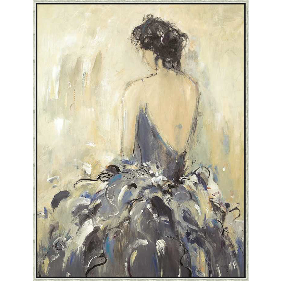 A captivating abstract painting features a woman from the back, adorned in a flowing gown, the artwork's muted tones evoke a sense of grace and introspective reflection.
