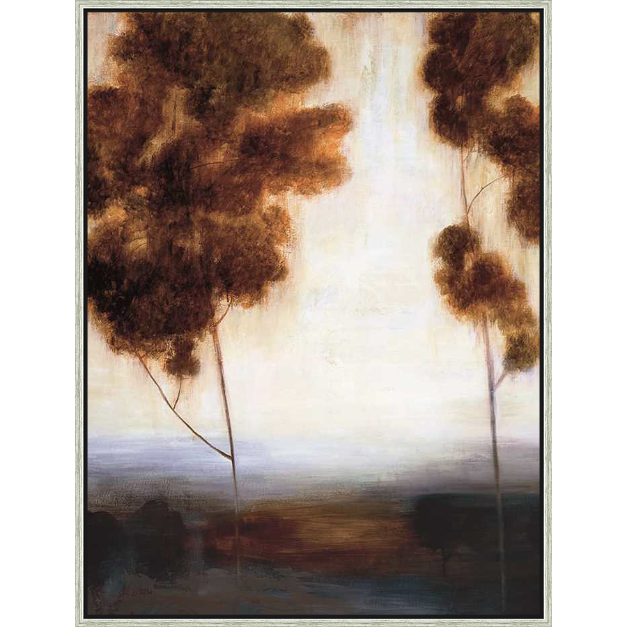 A serene abstract landscape painting, featuring a stylized representation of trees bathed in soft light. The artwork evokes a sense of tranquility, with muted tones and a gentle, blurred aesthetic, perfect for creating a calming atmosphere in any space.