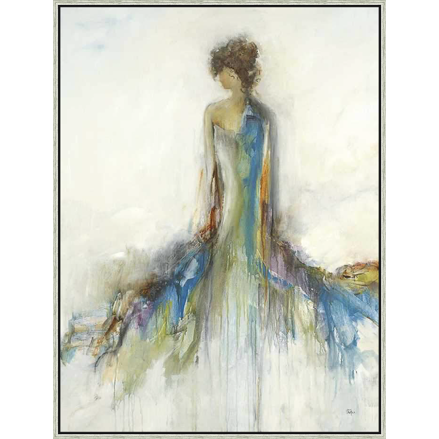 This stunning artwork captures a woman in a flowing gown, depicted with abstract brushstrokes and a serene color palette. The figure is subtly rendered, the focus being on the ethereal quality of the piece and the delicate interplay of light and shadow. It's an elegant addition to any space, exuding a sense of calm and sophistication.