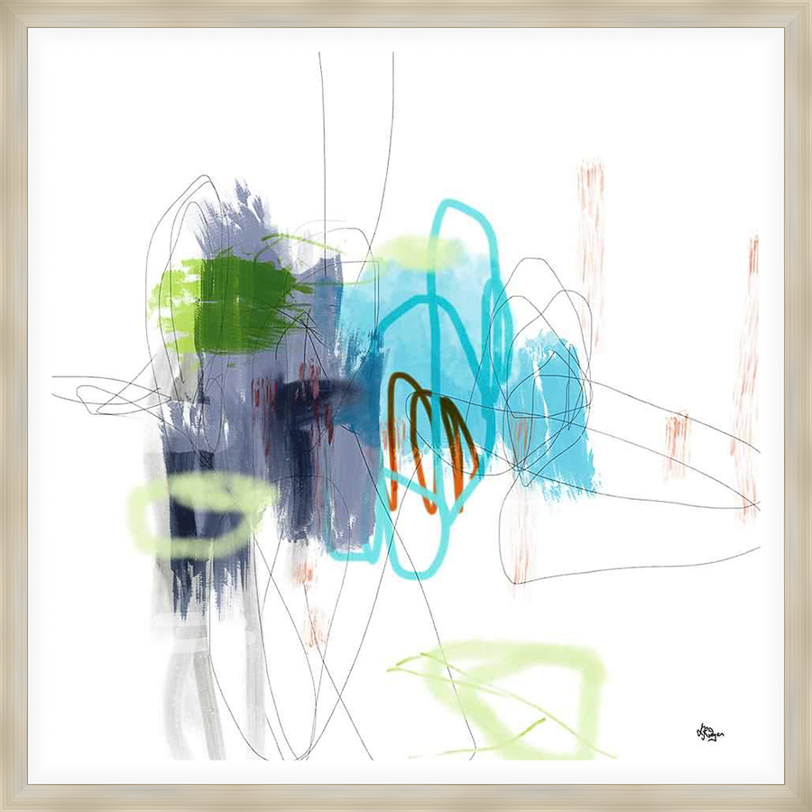 This modern abstract artwork features dynamic brushstrokes and bold color accents against a minimalist white backdrop, creating a captivating focal point for any contemporary space.