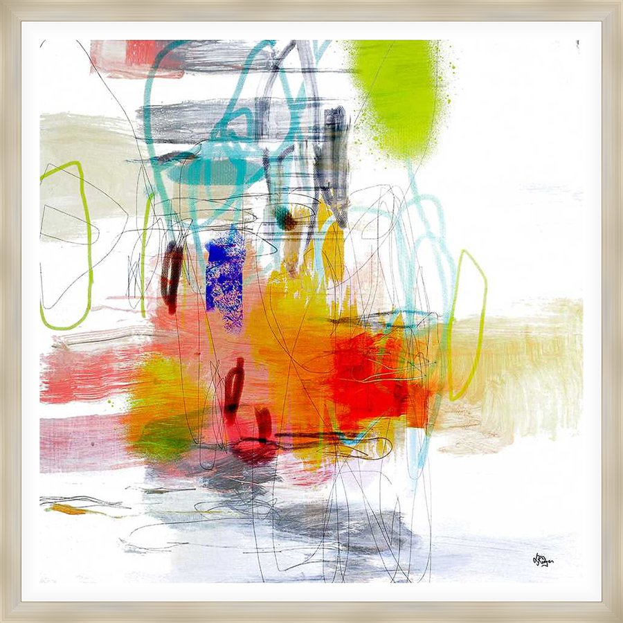 This abstract expressionist artwork bursts with vibrant colors and energetic brushstrokes, creating a dynamic composition. The piece uses layers of bold color and intricate linework to evoke movement and visual interest, perfect for adding a modern touch to any space.