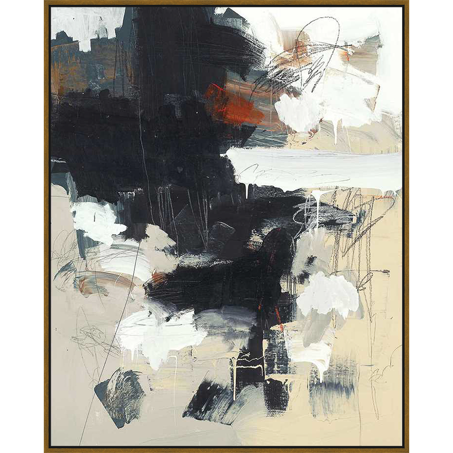 An evocative abstract painting with bold brushstrokes and contrasting colors. This artwork employs a dynamic interplay of black and white, complemented by subtle hues, creating a modern and engaging composition.