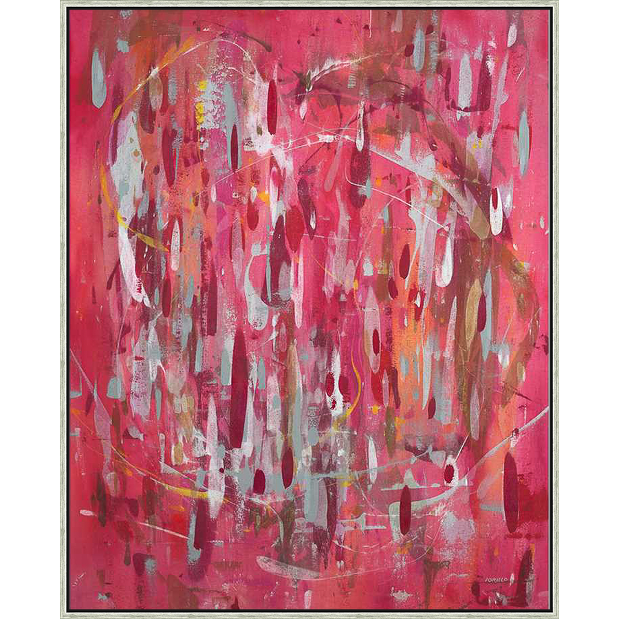 This original abstract painting features a vibrant, energetic composition of flowing strokes and layered textures. The artwork showcases a dynamic interplay of colors, creating depth and movement. A striking piece to add a touch of modern elegance to any space.