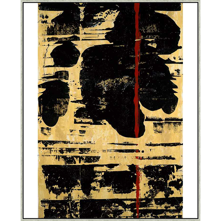 Bold black shapes, a vertical red streak, and textured, beige strokes create a powerful abstract composition. This original artwork will add an intriguing focal point to any room.