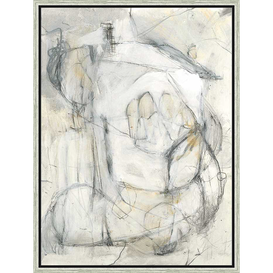 This artwork features an abstract composition created with layered textures and gestural charcoal lines on a muted, neutral background. The piece evokes a sense of depth and movement with its interplay of light and shadow, offering a contemporary aesthetic.