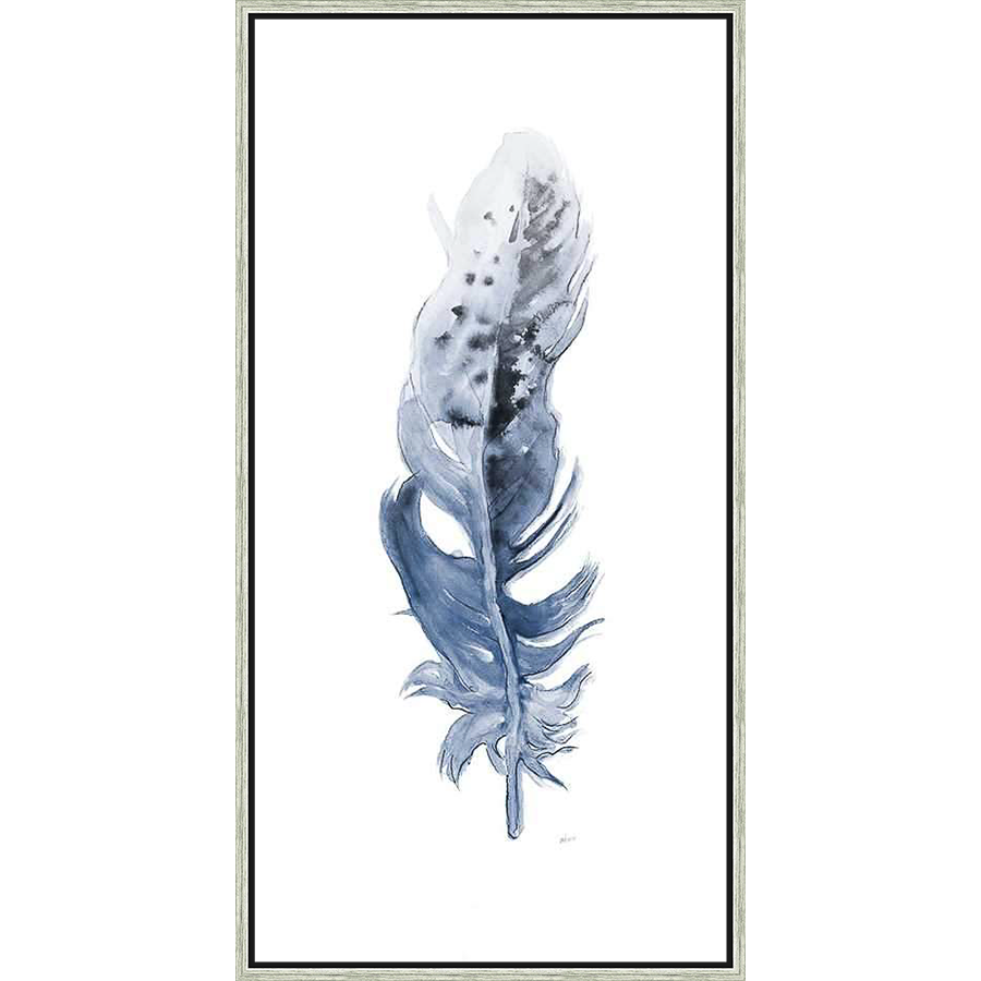 An elegant watercolor feather artwork features a serene blend of blues and grays, offering a touch of nature-inspired tranquility. It's perfect for adding a touch of minimalist charm to any space.
