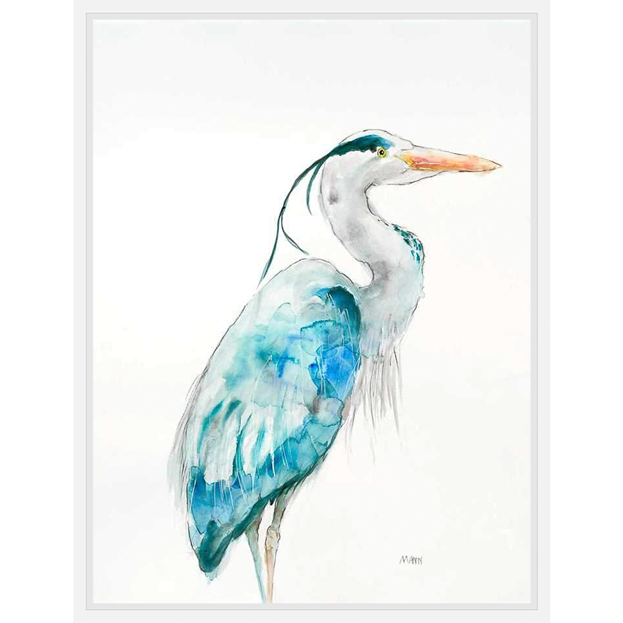 A watercolor painting of a heron in shades of blue and grey, this artwork captures the elegance and serenity of nature. The bird is gracefully posed against a white background, creating a soothing aesthetic perfect for any space.
