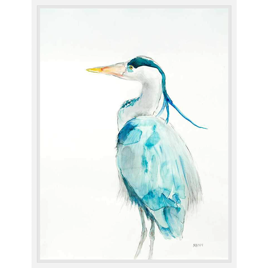 A stunning watercolor portrayal of a Heron. The artist has captured the bird's elegant posture and captivating plumage, making it a perfect addition to any home. The Heron is captured with soft washes and striking color contrasts.