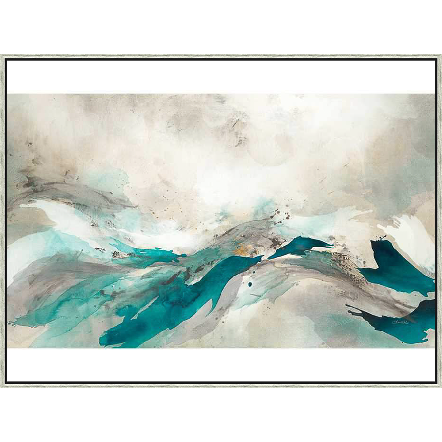 Evoking the serenity of nature, this abstract artwork features flowing lines and dynamic color gradients. The piece blends soft hues with striking teal accents, creating a captivating visual experience.