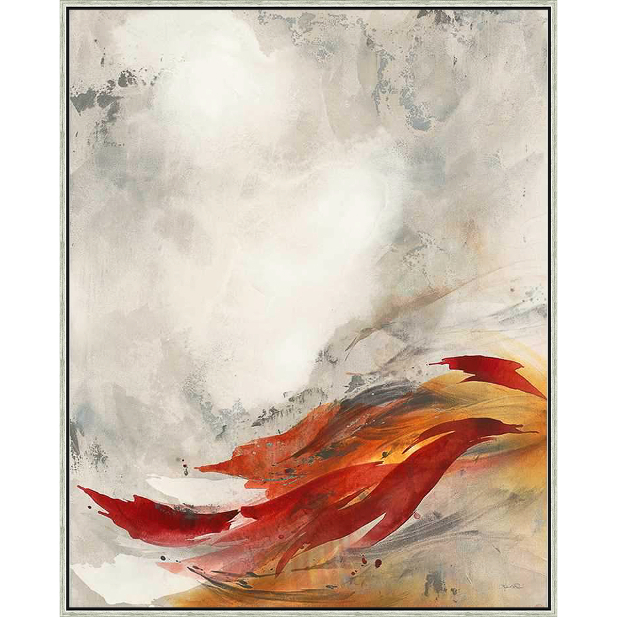 This abstract artwork features bold brushstrokes of fiery red and orange cascading across a neutral background, creating a dramatic visual statement. The piece evokes a sense of energy and movement, with a hint of mystique.