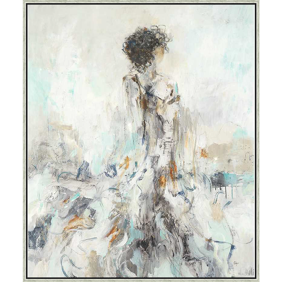 This stunning artwork captures a figure in a moment of quiet contemplation, rendered in soft, flowing brushstrokes that create an ethereal atmosphere. The piece evokes a sense of movement and grace, inviting the viewer to find their own story within its delicate details.