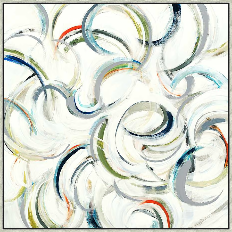 This abstract painting features dynamic brushstrokes creating a sense of movement. The artwork employs a palette of neutral tones complemented by subtle pops of color. It is a contemporary piece perfect for adding a touch of modern elegance to any space.
