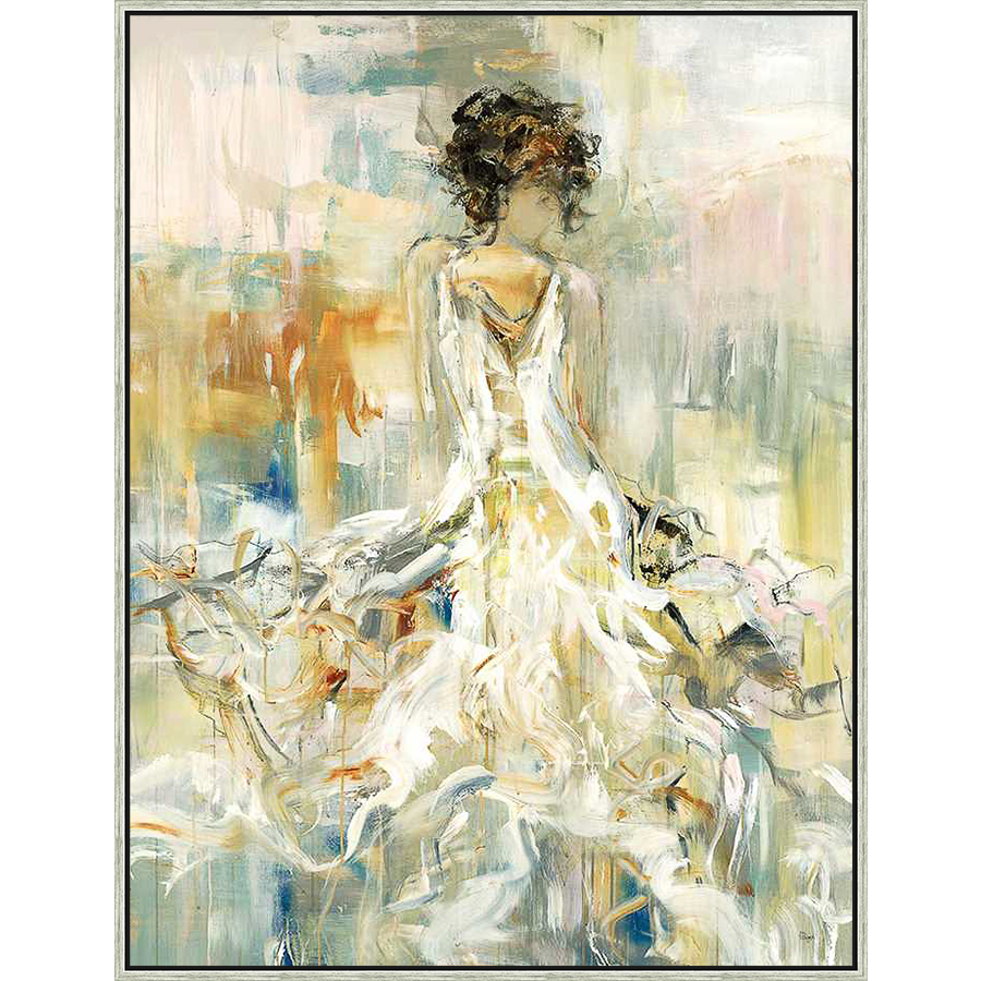 A captivating abstract painting of a woman in a flowing white dress. The artwork's soft color palette and expressive brushstrokes create a sense of movement and grace. This piece is sure to enhance any space with its elegant and artistic charm.