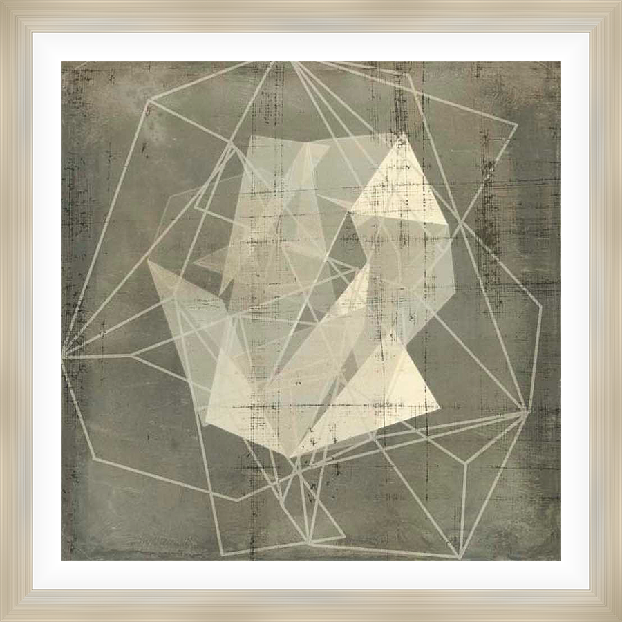 This modern artwork features a captivating geometric design composed of intersecting lines and layered triangular shapes. The piece has a textured, distressed background, creating a contemporary aesthetic perfect for enhancing any living space.
