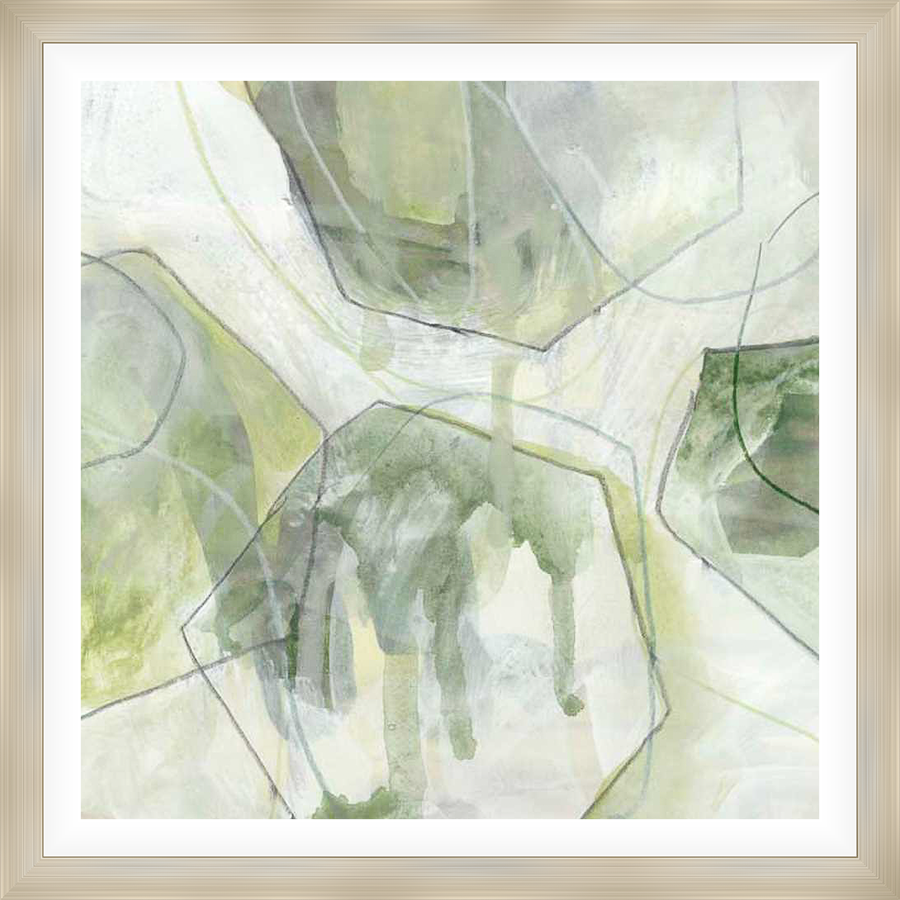 This abstract artwork features layered geometric shapes and organic brushstrokes, creating a modern and calming aesthetic. The composition incorporates a muted color palette with subtle shading and delicate line work.