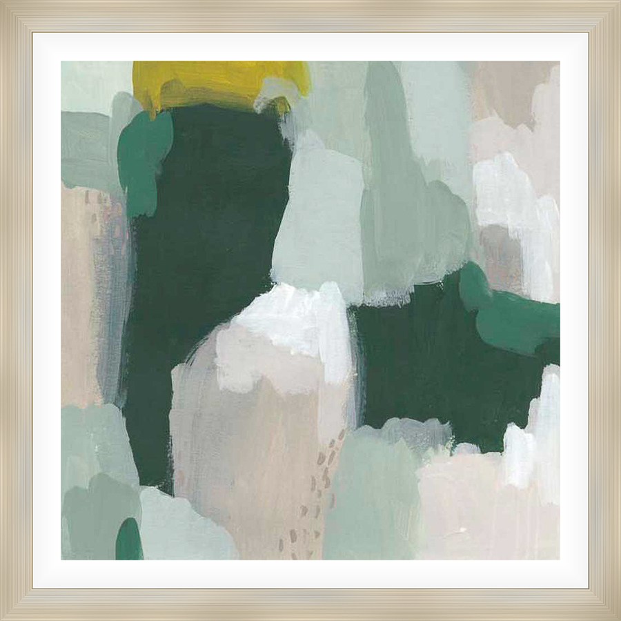 This abstract artwork showcases an interplay of color and texture, with expressive brushstrokes forming organic shapes. The artwork's composition creates a visually engaging piece.