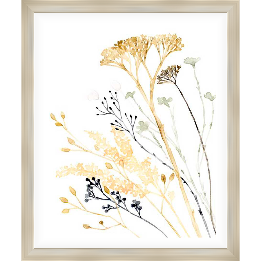 A delicate watercolor painting captures the serene beauty of dried wildflowers. The artwork features flowing stems and intricate details, evoking a sense of natural elegance. This botanical piece is perfect for adding a touch of nature to any interior.