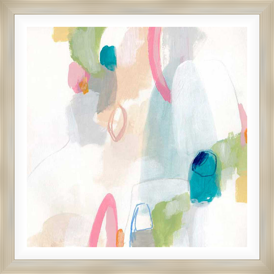 This abstract artwork features a colorful blend of brushstrokes and shapes, creating a playful and modern aesthetic. The piece is perfect for adding a touch of contemporary art to any space.