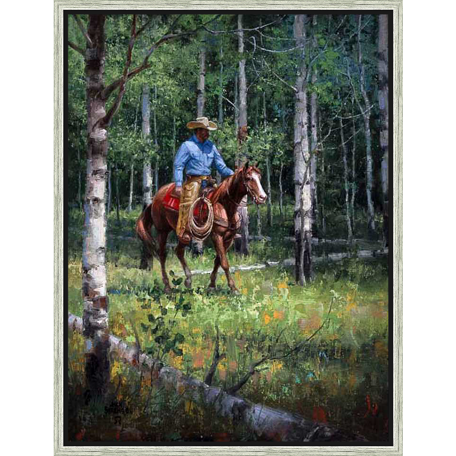 A captivating depiction of a cowboy on horseback, navigating a serene forest scene. This artwork captures the essence of the American West, with a focus on the rider and his horse amidst lush greenery and towering trees.