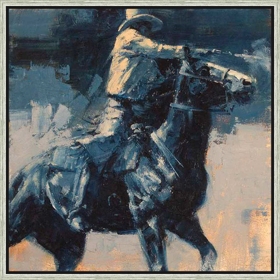 A dynamic equestrian painting captures the essence of the Wild West, depicting a cowboy on horseback in a moment of action. The artist skillfully uses bold brushstrokes and a limited color palette to create a sense of movement and drama.