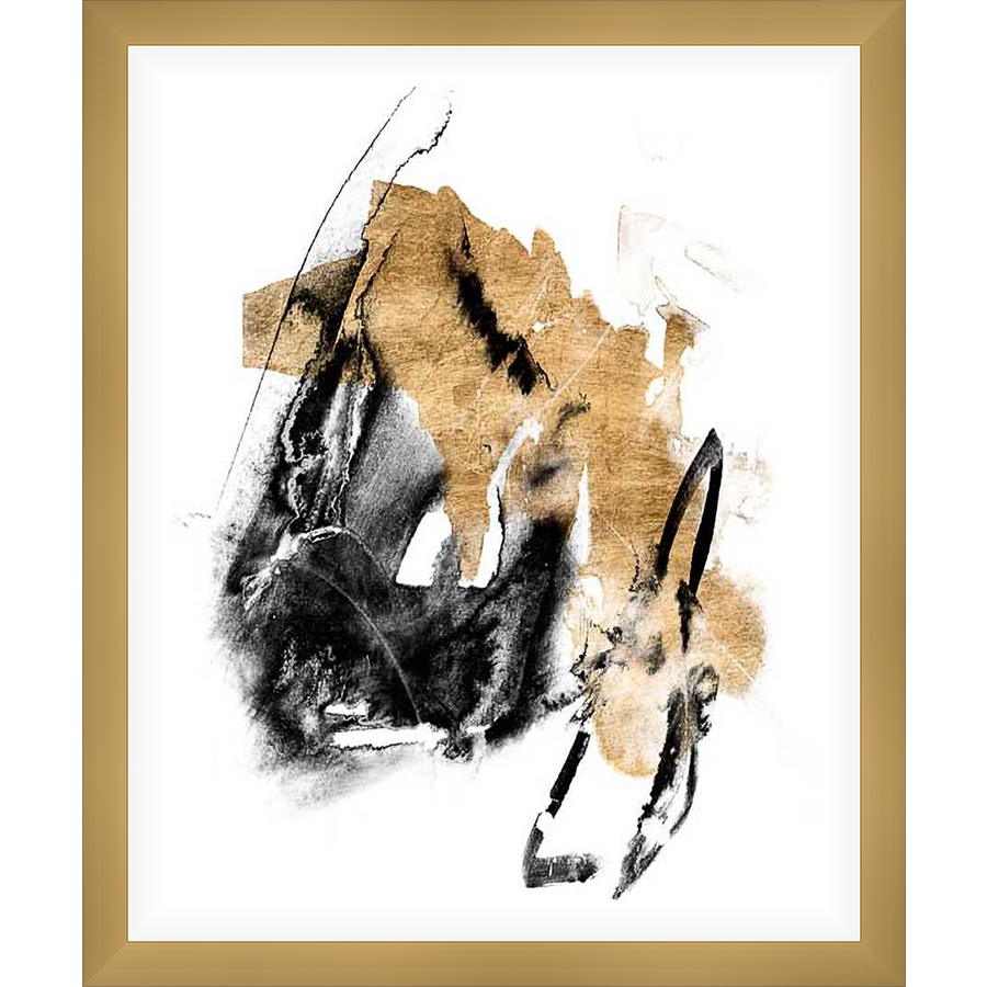 This stunning abstract art print features dynamic brushstrokes in gold and black on a crisp white background. The bold contrast and fluid composition evoke a sense of movement and artistic expression, making it a striking addition to any space.