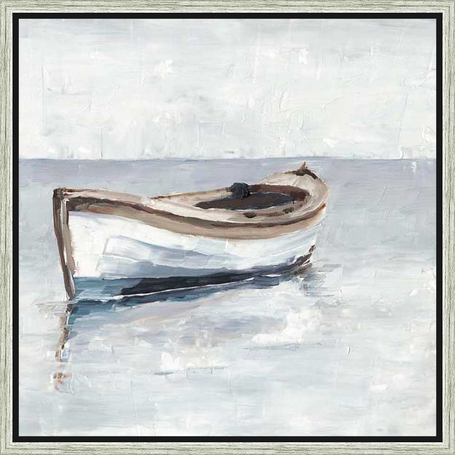 A serene seascape painting depicts a small boat gently floating on calm water. The artwork features a textured, impasto style with a muted color palette, creating a tranquil and inviting atmosphere.