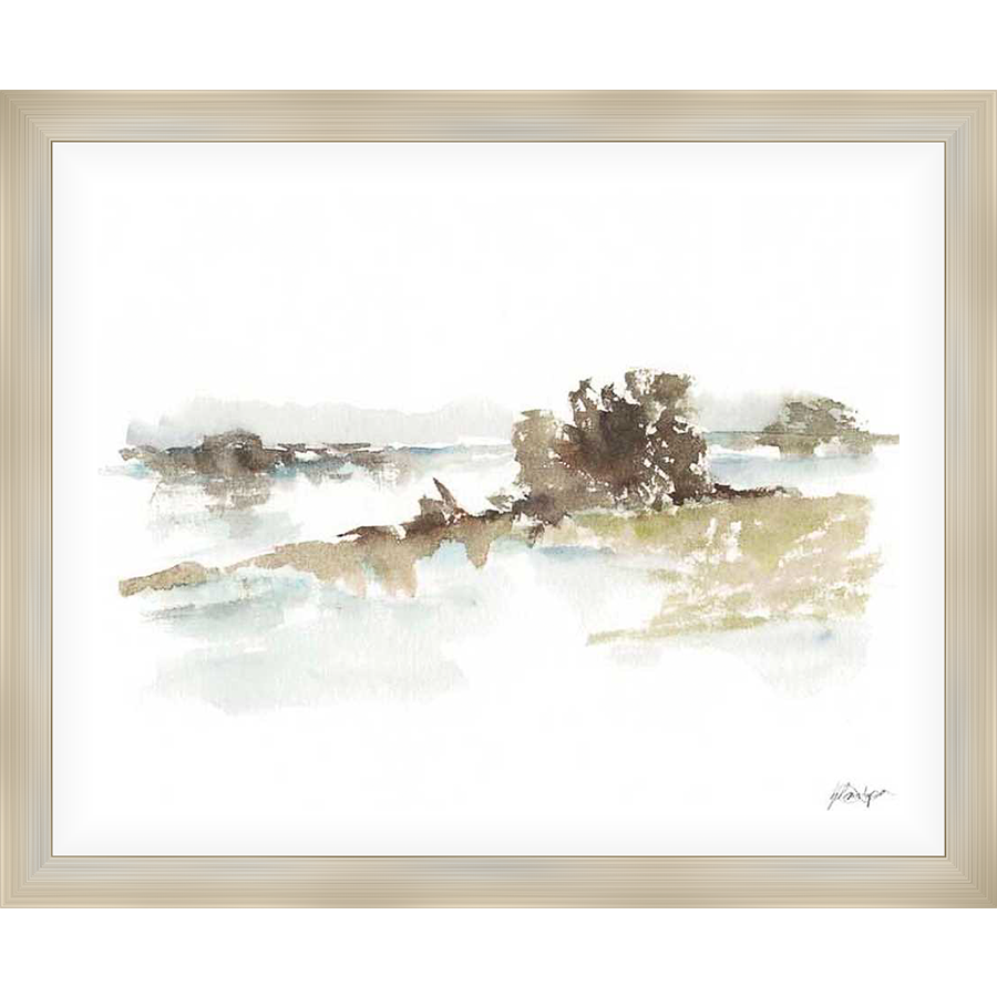 A serene watercolor painting depicts a misty landscape with subtle details. The artwork features a tranquil scene of a body of water reflecting the soft colors of the surrounding environment, creating a calming and atmospheric visual experience.