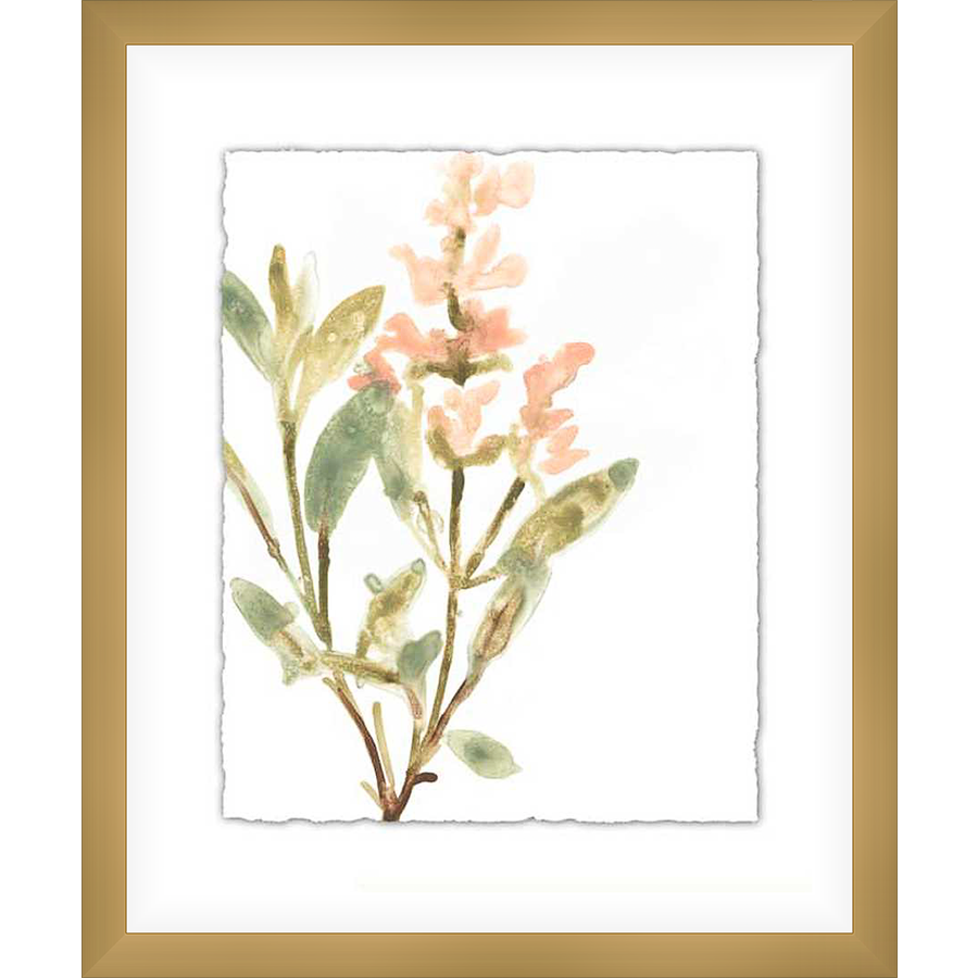 A delicate botanical watercolor showcases soft pink blossoms and lush green foliage, evoking a sense of tranquility and natural beauty.