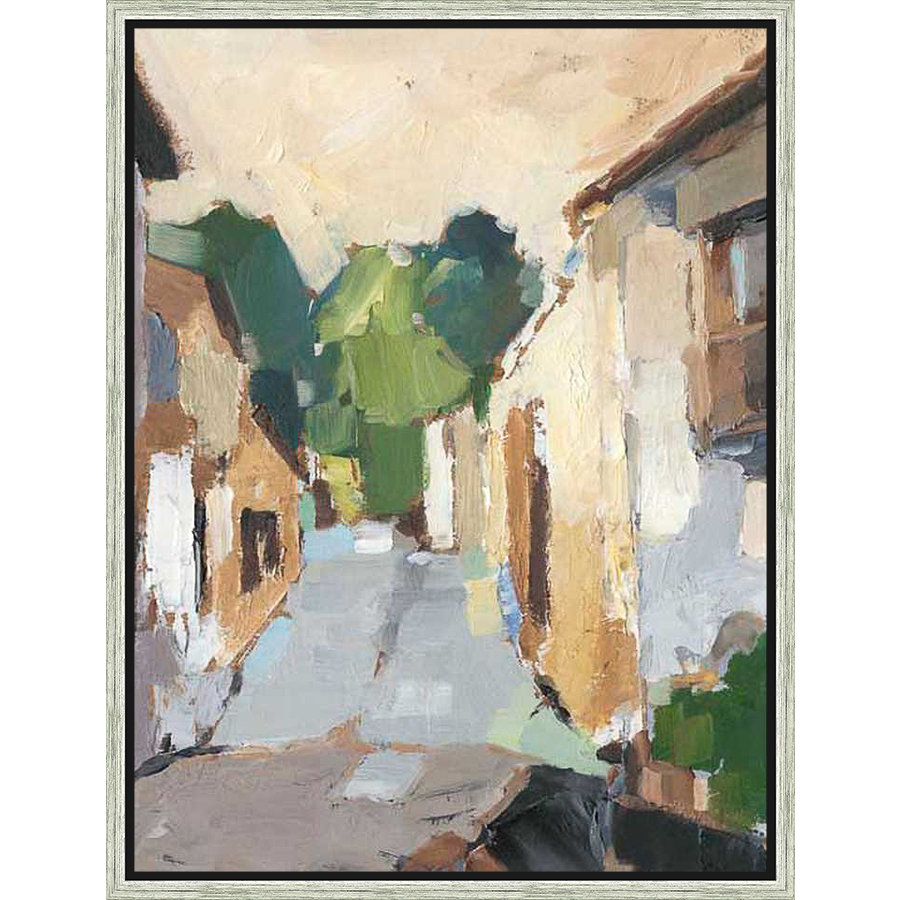 This original oil painting captures a sunlit street scene, featuring buildings, trees, and a sense of depth through the use of color and texture. The artwork invites the viewer to immerse themselves in the charming atmosphere of a peaceful urban setting.
