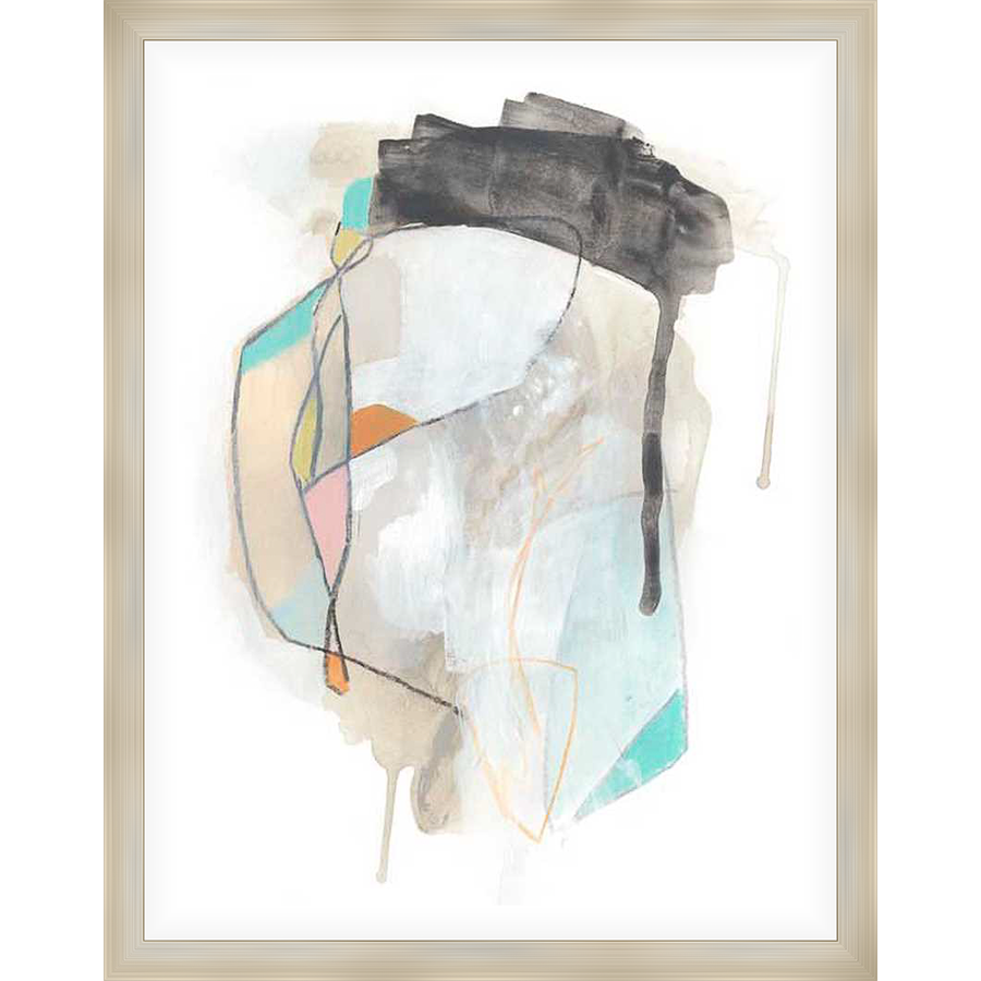 This abstract artwork features a blend of organic shapes and bold lines, incorporating a palette of soft and vibrant colors to create depth and visual interest. This piece is a modern addition to any living space or office.