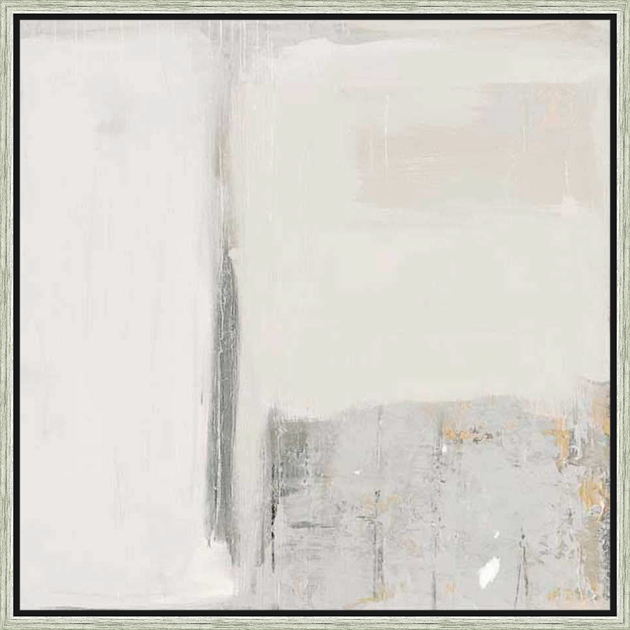 This abstract artwork showcases a minimalist composition of overlapping shapes and textures, creating a sense of depth and subtle complexity. The piece is dominated by muted tones with a splash of color, making it a versatile addition to any modern decor.