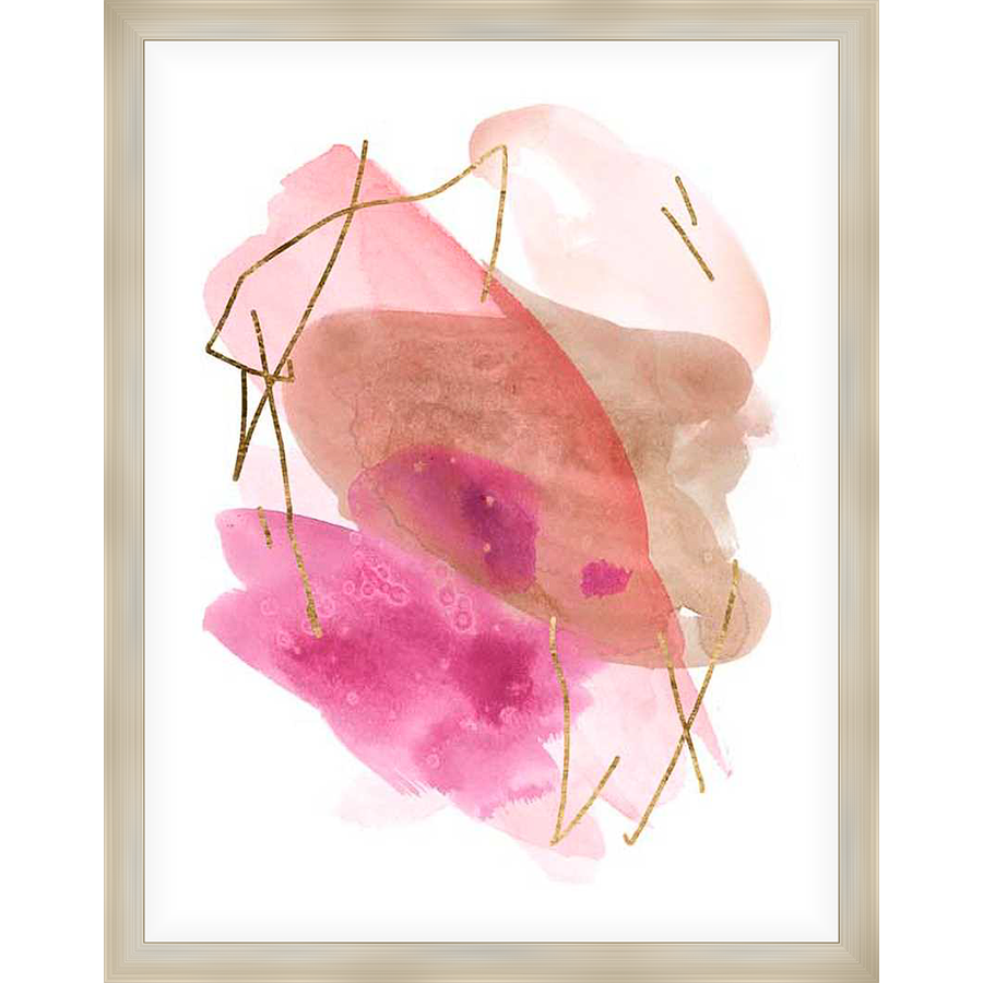 This abstract artwork showcases a captivating blend of watercolor washes in varying shades of pink and beige, accented with delicate gold metallic lines that add a touch of elegance and depth. The piece evokes a sense of fluidity and artistic expression, making it a perfect addition to any modern interior.