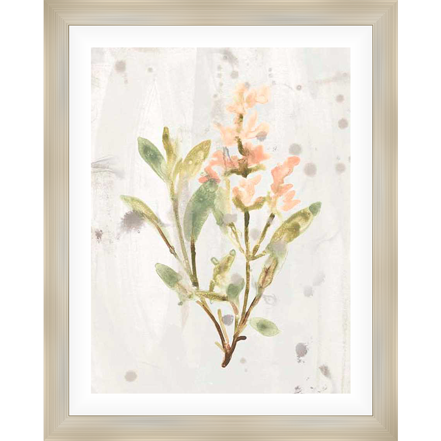 A delicate watercolor botanical print featuring a spray of flowers and foliage. The artwork evokes a sense of serenity and natural beauty, ideal for adding a touch of elegance to any space.