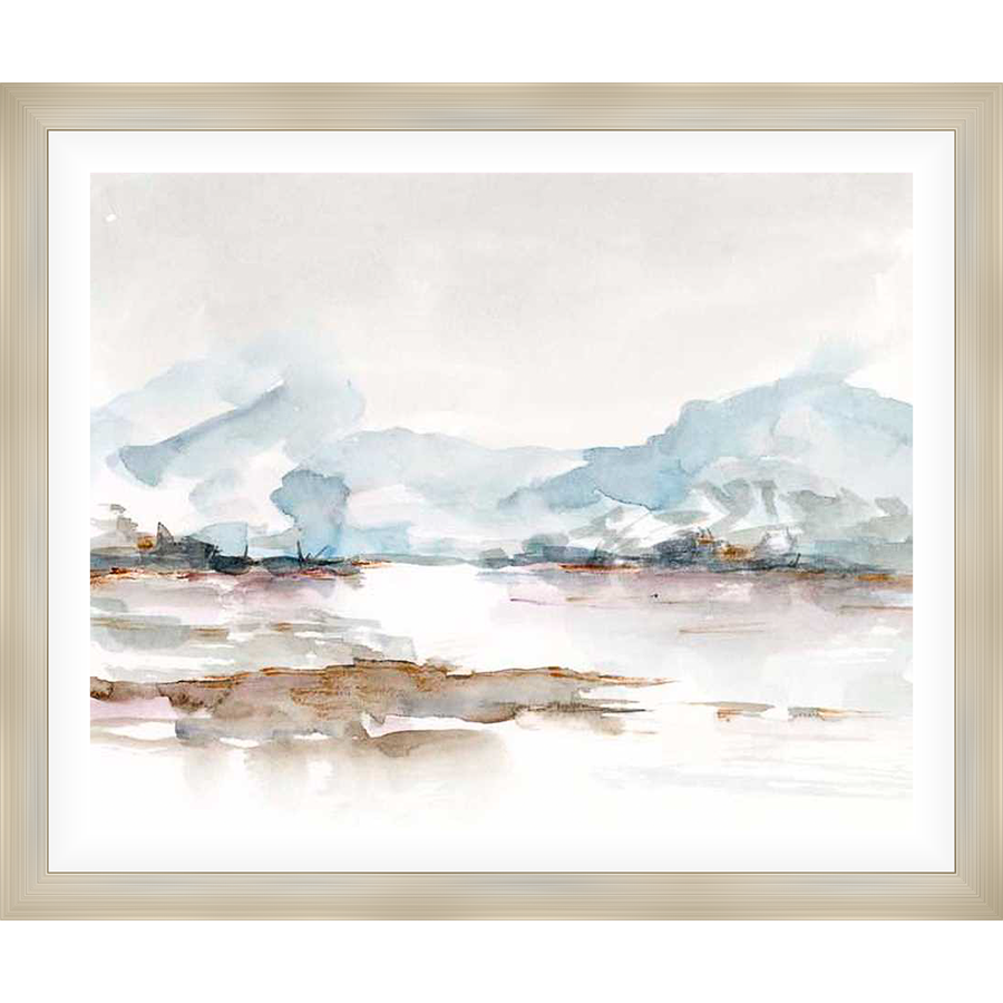 Evoking a serene landscape, this artwork features soft watercolor washes of color, suggesting a distant mountain range across a body of water. The piece captures a sense of calm and natural beauty, ideal for adding a touch of tranquility to any space.