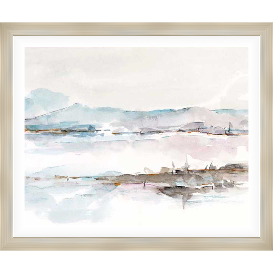 This serene watercolor landscape artwork depicts a hazy horizon, with soft washes of color capturing a tranquil, dreamlike quality. The piece evokes a sense of peace and calm, perfect for adding a touch of tranquility to any space.