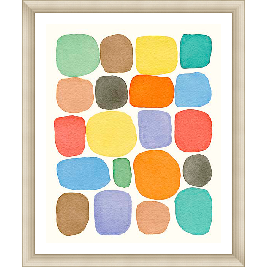 A vibrant and cheerful abstract artwork featuring a grid-like pattern of colorful, rounded shapes. The watercolor-style painting evokes a sense of playfulness and adds a touch of modern art to any space.