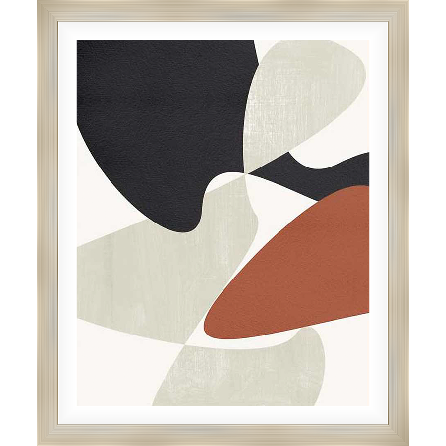 This abstract artwork features organic shapes in a modern, minimalist design. The piece showcases a balanced composition of textures and colors, offering a sophisticated aesthetic. The artwork will enhance any interior with its stylish simplicity.