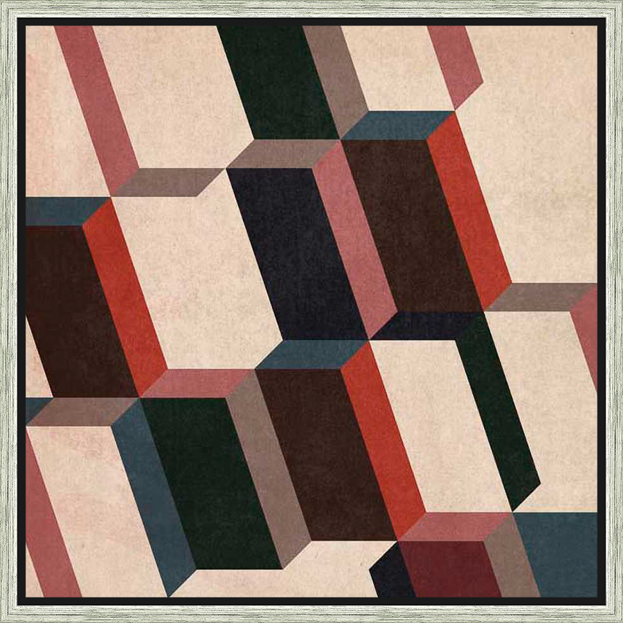 This striking artwork features a geometric design composed of three-dimensional shapes, creating a visually dynamic composition with its contrasting colors and textures. The artwork’s modern aesthetic adds an intriguing depth to any space.