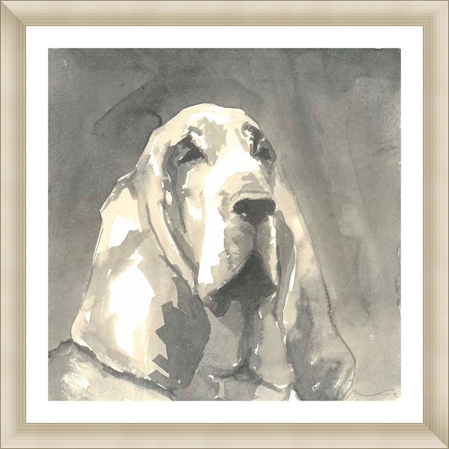 A stunning watercolor painting captures the gentle essence of a Basset Hound. The piece artfully uses light and shadow to depict the dog's kind eyes and long ears, creating a captivating and intimate portrait.