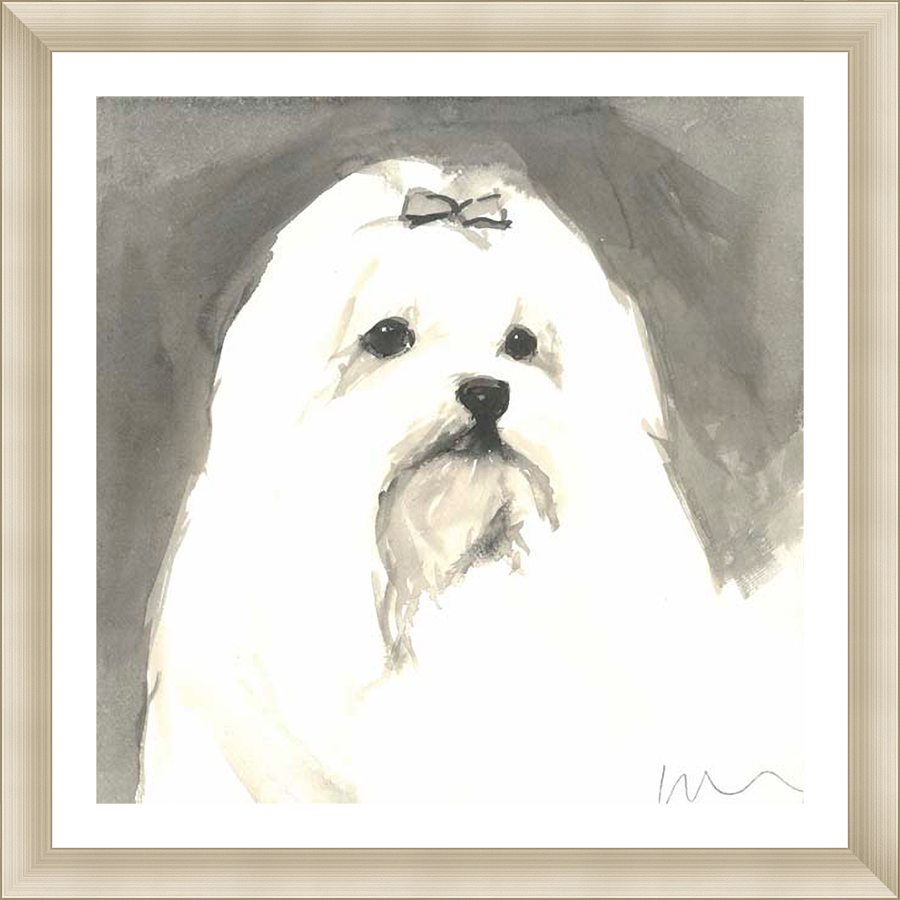 This charming artwork captures the endearing essence of a fluffy dog, rendered in a soft, watercolor style. The piece features a stylized portrait of the dog, highlighting its features with delicate strokes and a focus on its expressive eyes. It's an artful addition to any space, celebrating the joy and companionship of pets.