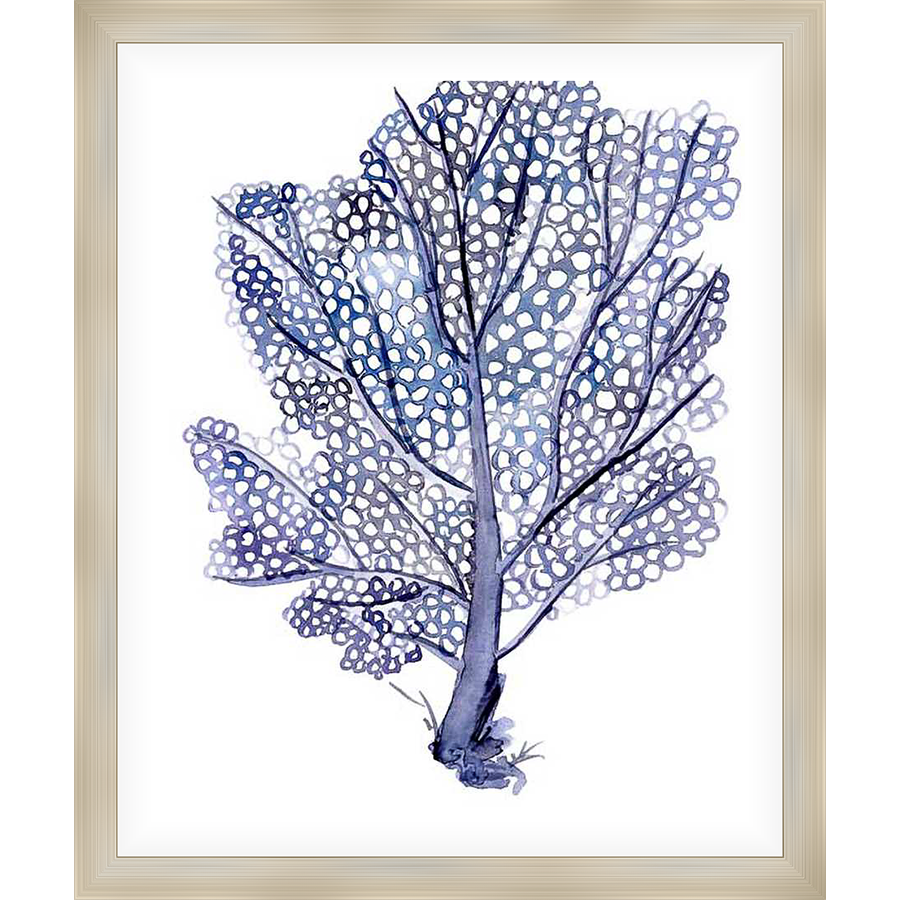 This art print showcases an intricate watercolor depiction of a sea fan in shades of blue. The delicate branches and textured details are beautifully rendered, creating an elegant coastal aesthetic. This piece is perfect for adding a touch of seaside charm to any living space.