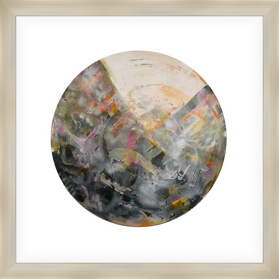 This abstract artwork features a circular composition with layered brushstrokes and a blend of colors, creating a dynamic and textured visual experience. The piece offers a modern aesthetic, perfect for adding a touch of artistic flair to any space.