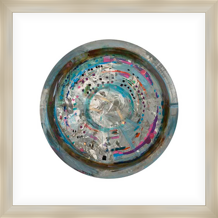 A contemporary circular artwork features an abstract design with layered brushstrokes and vibrant colors. This piece would make a stunning addition to any modern living space, offering a unique focal point.