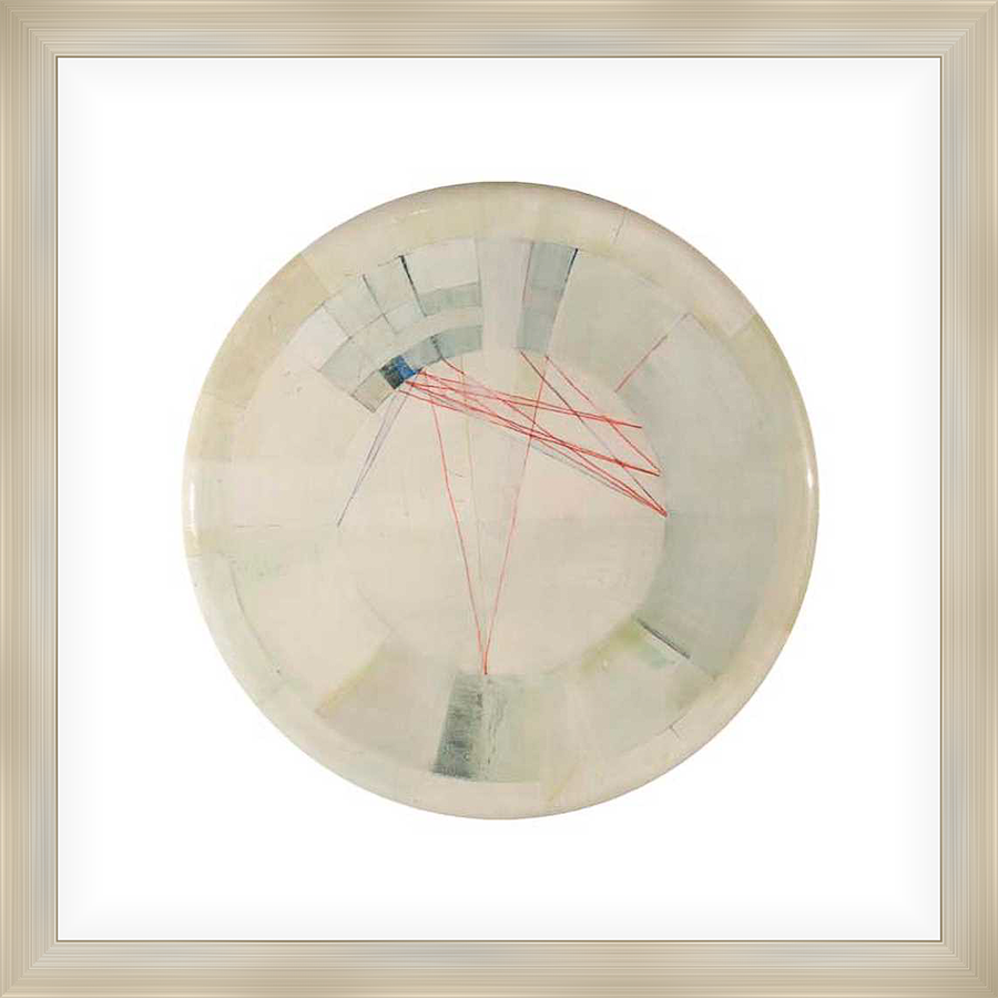 This unique artwork presents a circular composition, featuring a delicate blend of geometric shapes and intersecting lines. The piece uses a subtle palette, creating a sense of harmony and refined artistry.