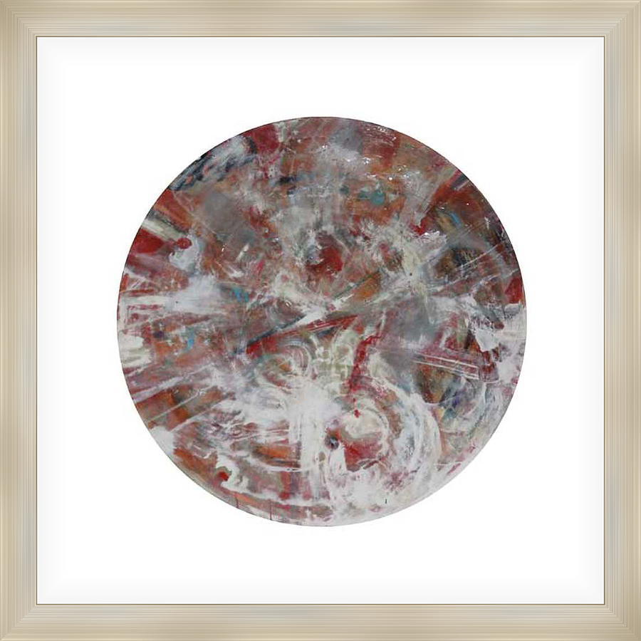 This original artwork is an abstract expression of color and movement, featuring a circular composition bursting with layered textures and dynamic brushstrokes. The piece invites the viewer to explore its intricate details and evocative visual language.