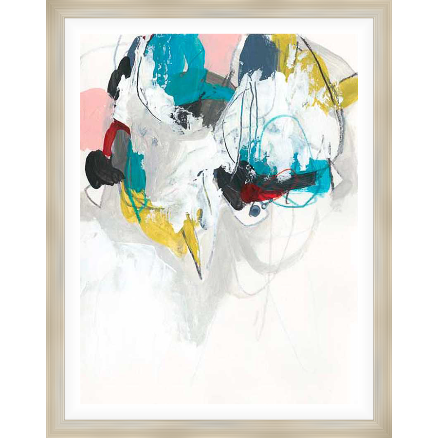 This abstract art print features bold brushstrokes and overlapping shapes in a vibrant color palette, creating a dynamic and modern aesthetic. This artwork makes a captivating statement piece for any contemporary space.