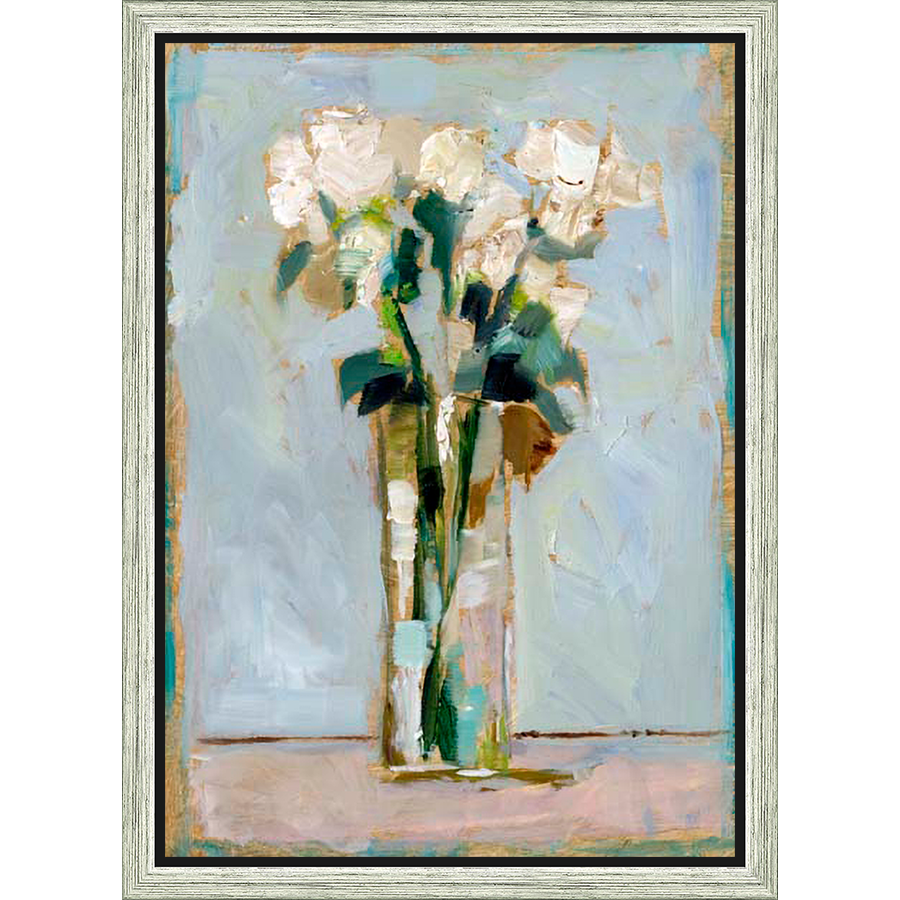A beautiful still life painting featuring a vase of delicate white flowers with green foliage. This expressive artwork is rendered with thick brushstrokes and a soothing color palette, creating a sense of tranquility and natural beauty. Perfect for adding a touch of elegance to any space.