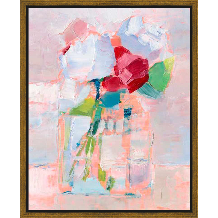 This vibrant artwork captures the essence of fresh flowers in a glass vase. The abstract strokes of color blend to create a sense of movement and light, perfect for adding a touch of elegance to any space. This painting would be a lovely addition to a bedroom or living room.