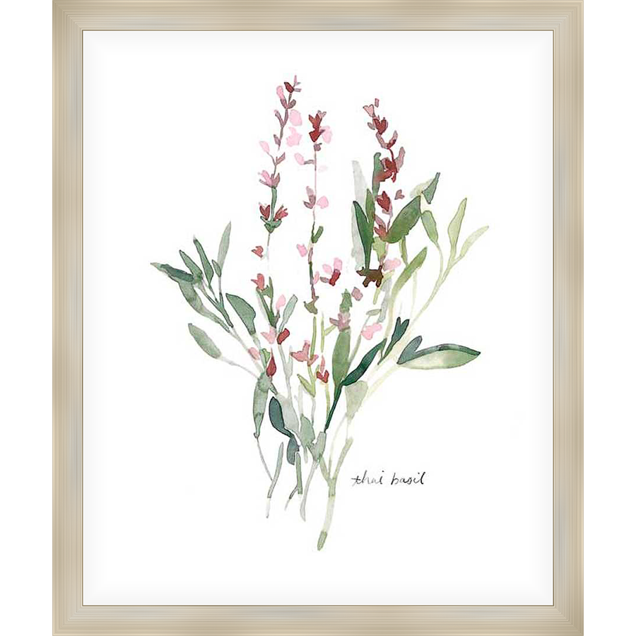 This watercolor art print beautifully captures a bouquet of Thai basil, rendered in delicate hues. The artwork evokes a sense of tranquility and natural beauty, perfect for adding a touch of elegance to any space.