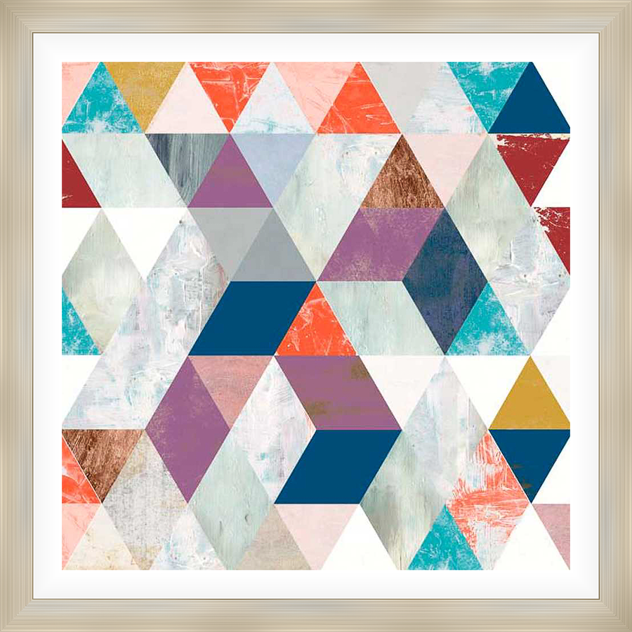 This abstract wall art features a geometric design of layered shapes in various colors, with subtle textured details for added visual interest.